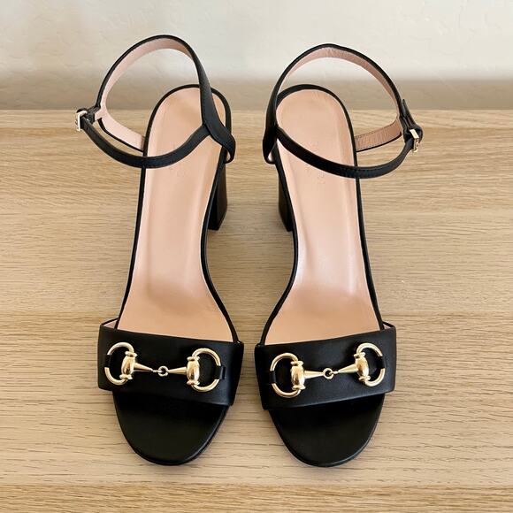 Gucci Horsebit Black Leather Block Heel Sandals Size 37 Made in Italy - Picture 4 of 11